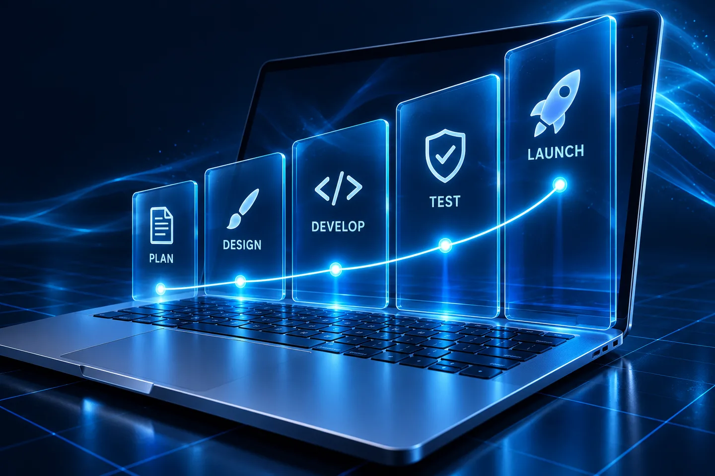 Concept illustration of a laptop connecting five illuminated panels for planning, design, development, testing, and launch