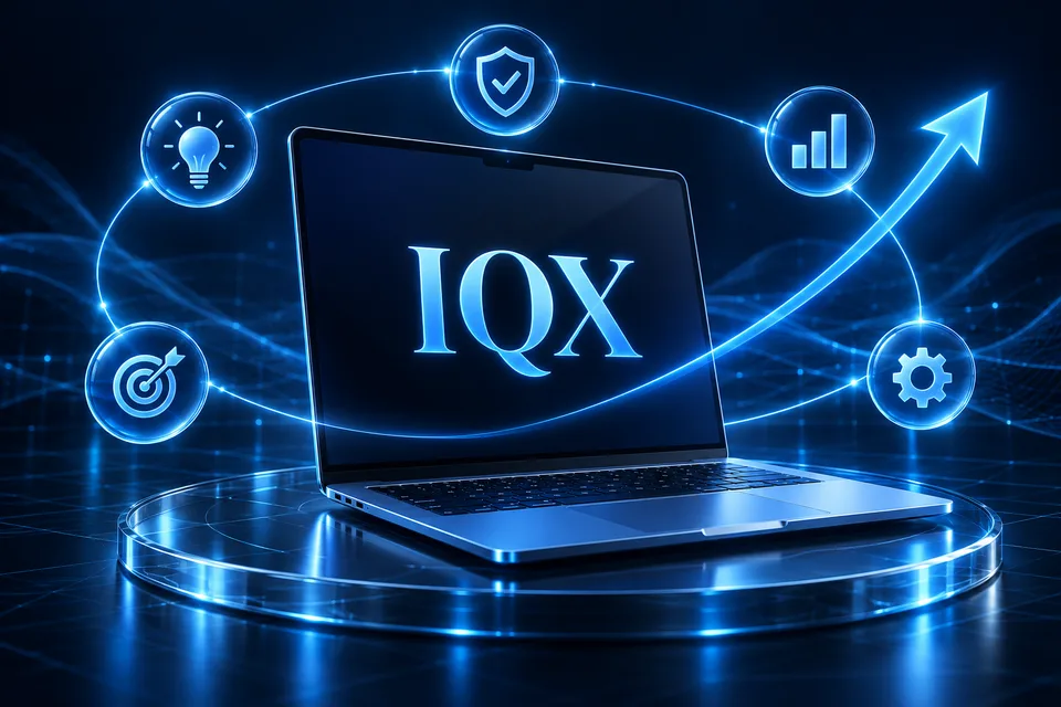 Concept illustration of a blue laptop surrounded by planning, quality, and growth symbols