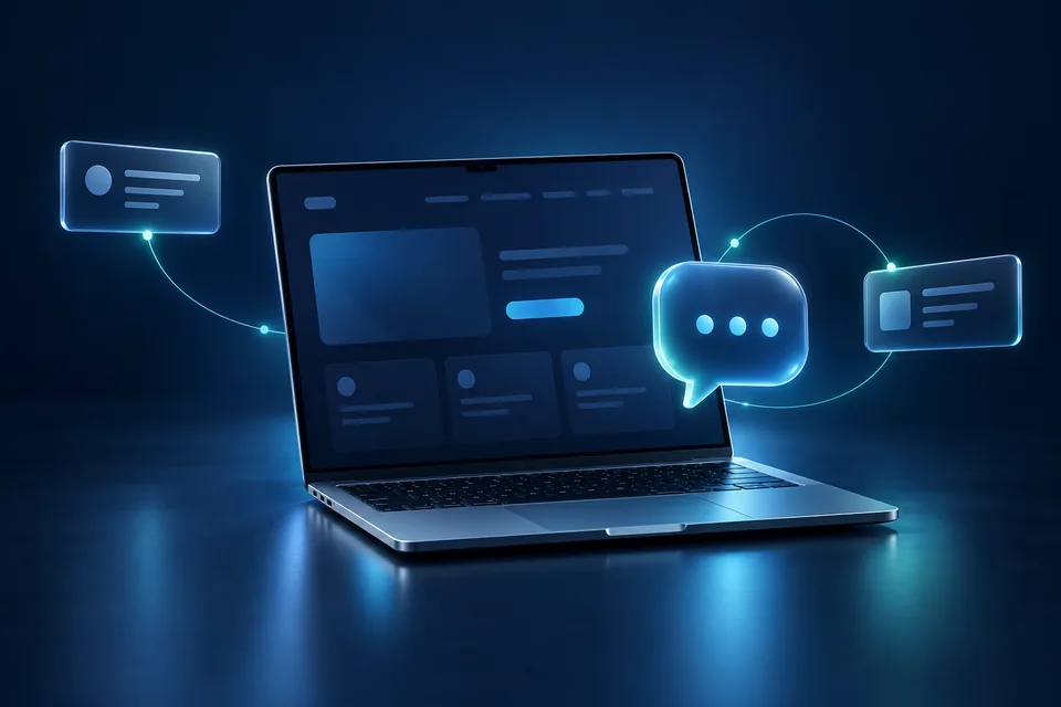 Concept illustration of a website laptop connected to glass conversation cards