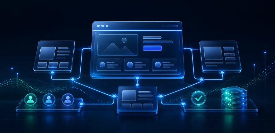 Generated visual showing connected website structure, delivery workflow, support nodes, and growth-ready digital foundations