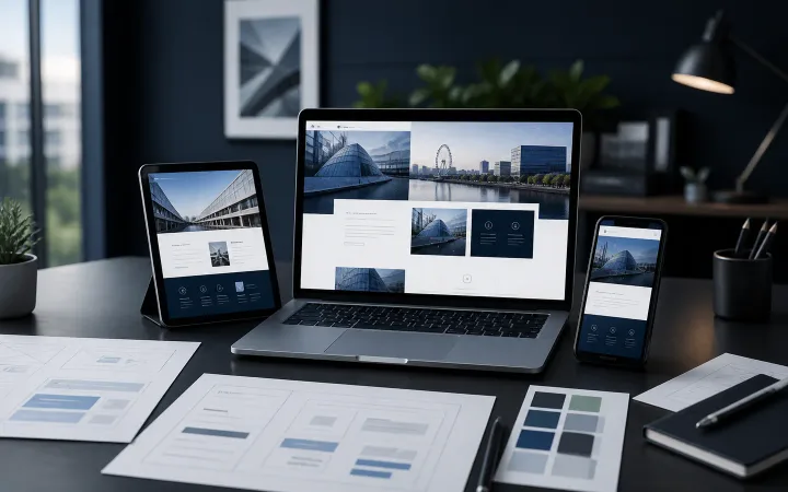 Website layouts and code in a professional development workspace