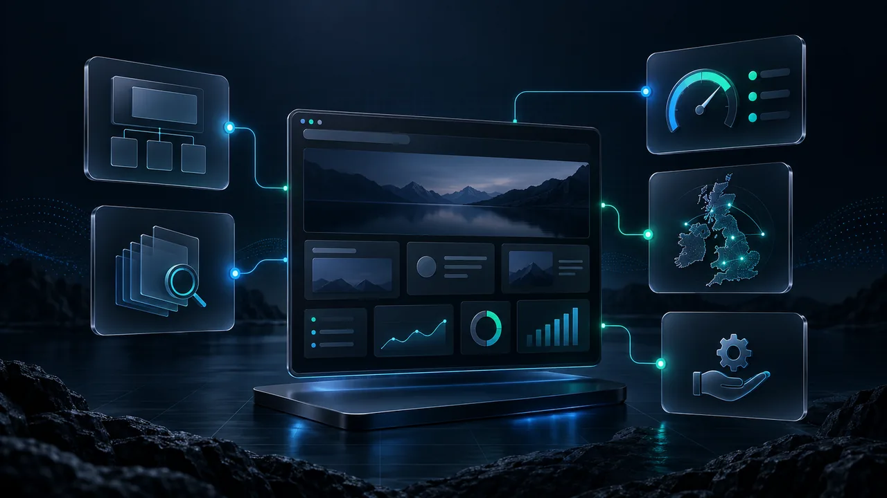 Illustrative dark interface with a central website dashboard connected to project planning, search, performance, UK coverage, and support panels