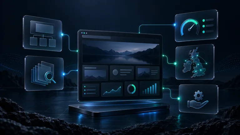 A digital workspace illustration with connected website and analytics tools.