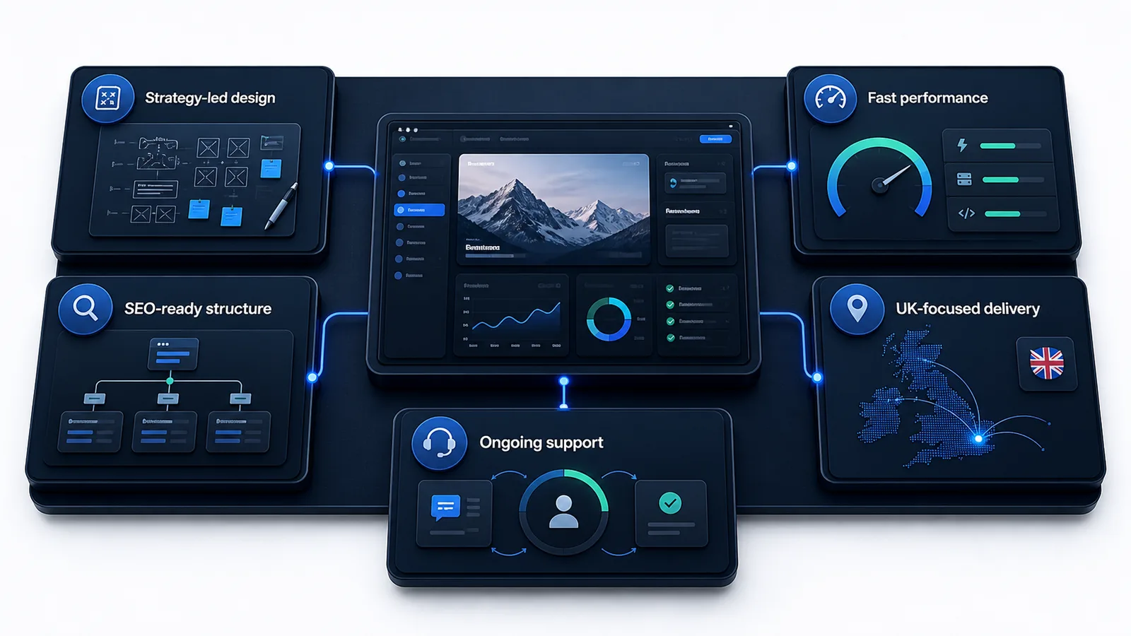 Premium delivery standard visual showing strategy-led design, SEO-ready structure, fast performance, UK-focused delivery, and ongoing support connected around a website dashboard
