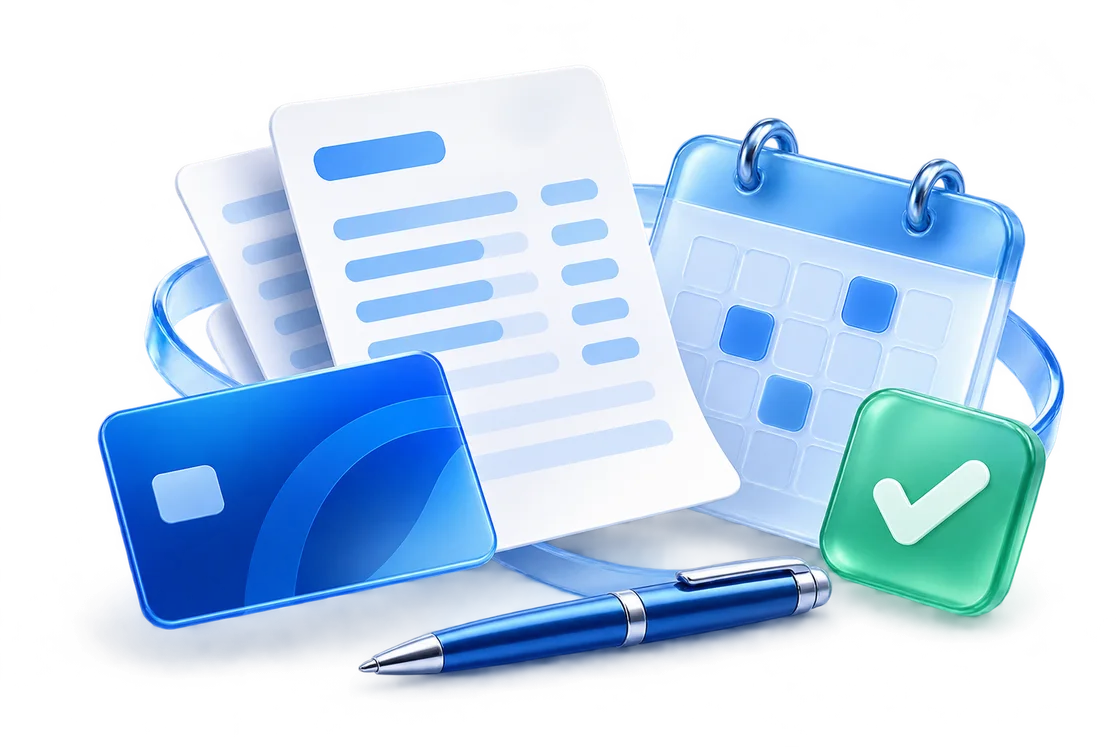 Layered concept render of an invoice, payment card, milestone calendar, and approval check