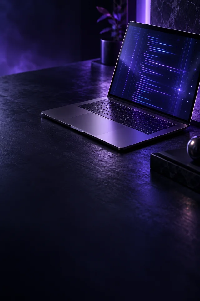 Illustrated violet-lit development laptop representing the build stage