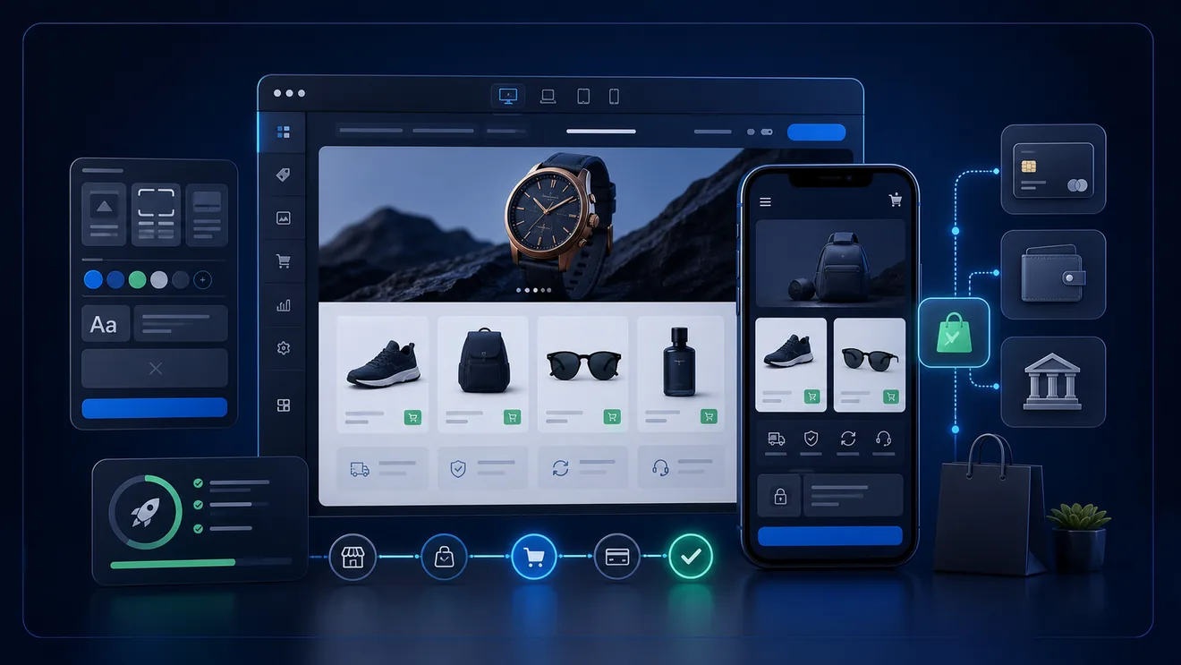 Generated Shopify development ecommerce workspace with storefront previews, product cards, checkout flow, payment integration, and launch readiness signals