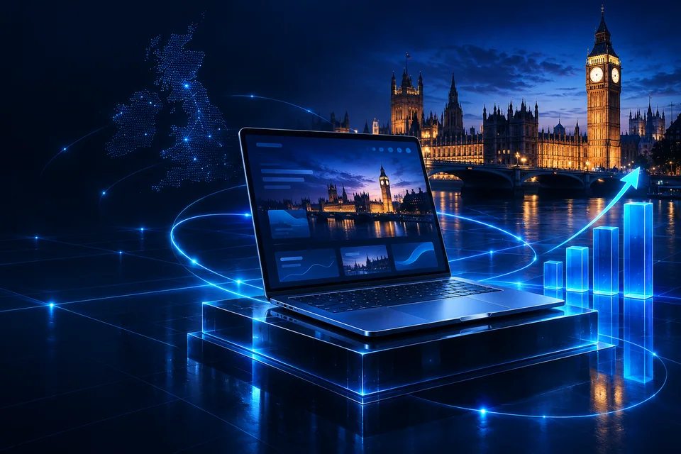 Concept illustration of a business website, search services, and digital growth for UK businesses